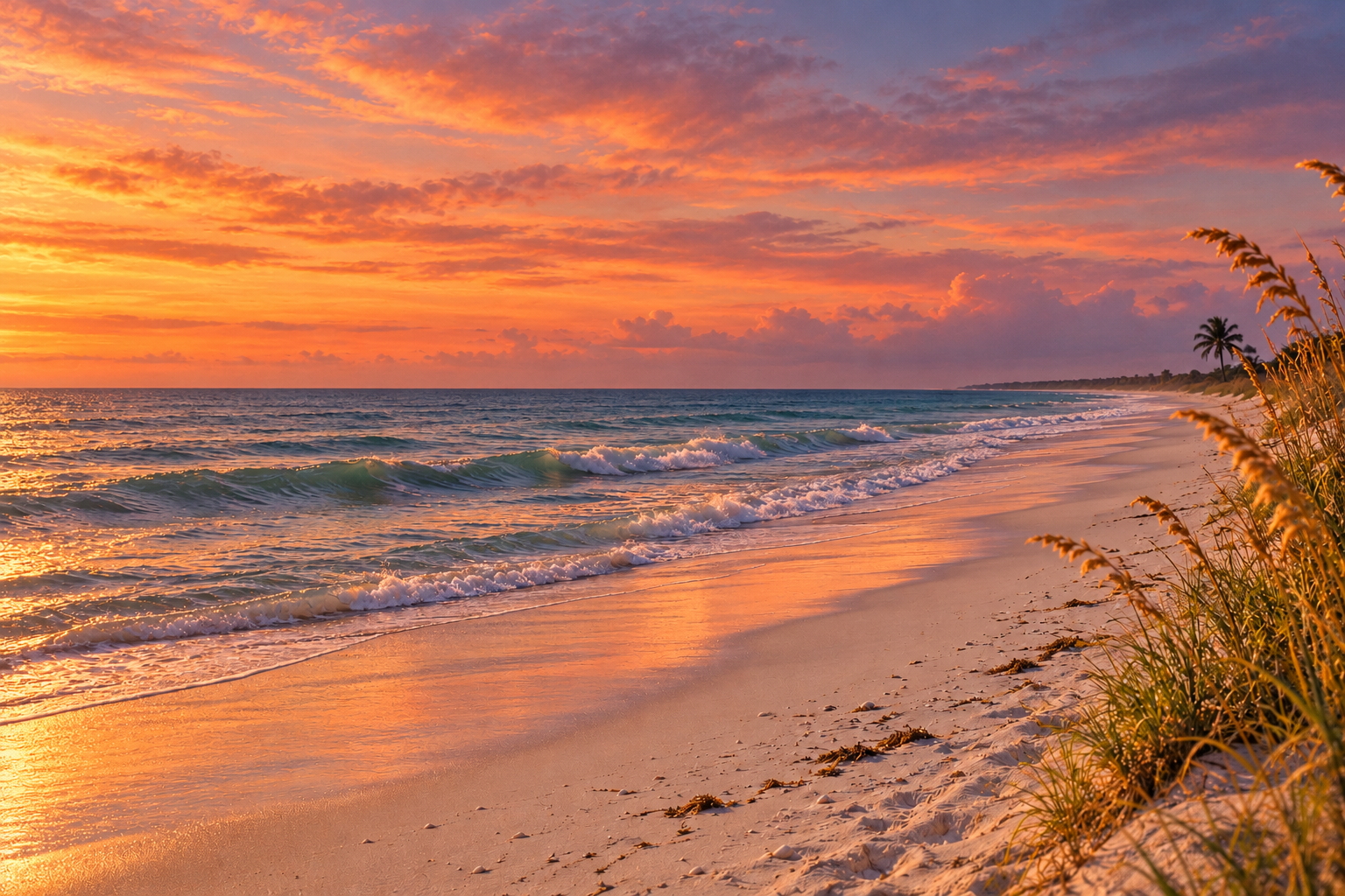 Warm peach and lavender evening light over a quiet beach, ocean waves, and sea oats.