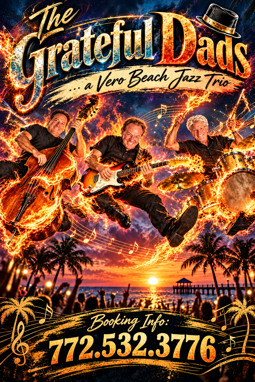 The Grateful Dads’ original illustrated flyer with the trio above a Vero Beach sunset.